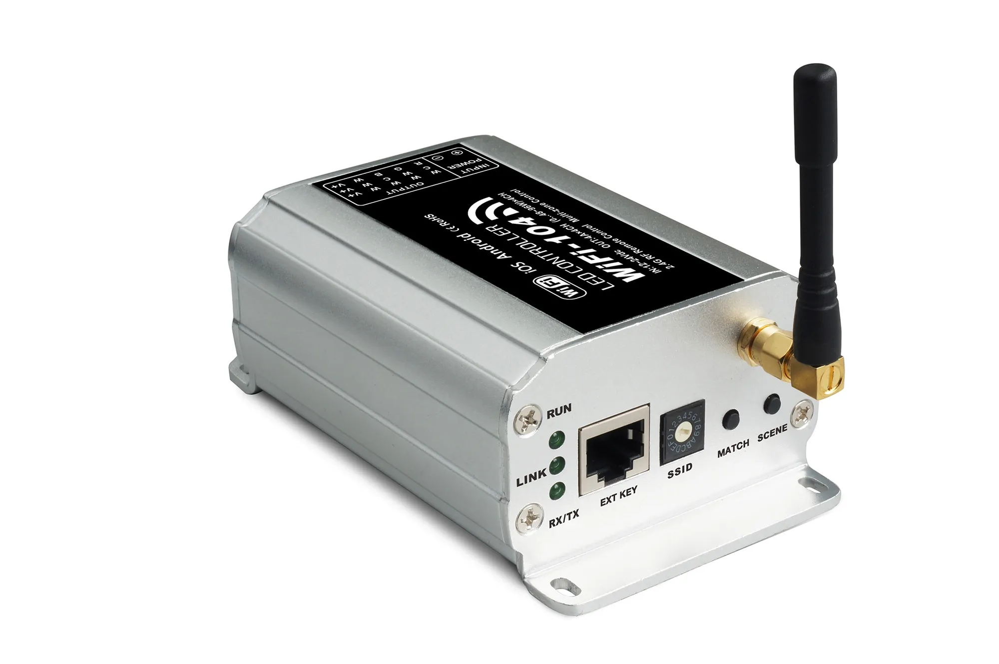 WiFi-104+M12  WiFi-104+M12, 2.4GHz Wi-Fi, 802.11b/g/n, Wi-Fi Control System12-24V 16A, 100m range DIM,CT,RGB,RGBW changing, IP44